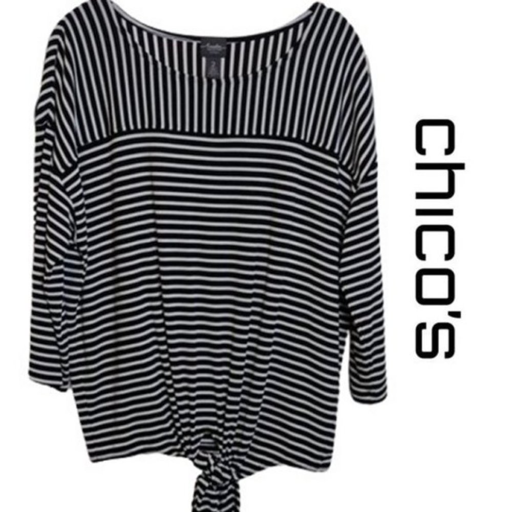 Chico's Traveler's Black & White Striped Top (Chico's Size 2 = L or Size…